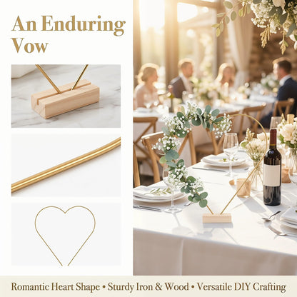 jojofuny 10 Sets Heart Shaped Floral Hoop Centerpiece with Wooden Stand, 9.8" x 10.6" Metal Wreath Rings, Gold Heart Wire Hoops for Wedding Table Decorations, DIY Dream Catcher Craft Kit