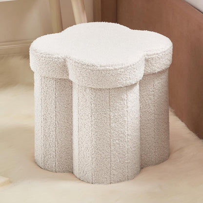 12" Inch Ornavo Home White Boucle Storage Ottoman Cube Flower-Shaped Footstool with Hidden Storage, Faux Teddy Fur Foot