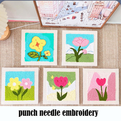 Allazone Punch Needle Embroidery Kit, Square Frame with Green and Pink Tulip Pattern, Includes Frame, Stand, Punch Needle, Scissors, Yarns, Adults Beginner Friendly