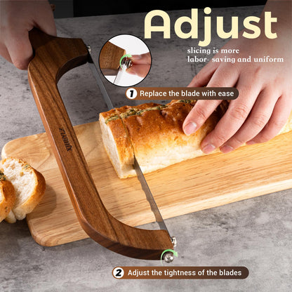XJHEYLZ Sourdough bread knife,Bread Slicer for Homemade Bread,Adjustable blade tightness for Even Slicing, Serrated knife,Wooden Bread cutter with Bow Design (3, Red-brown color)