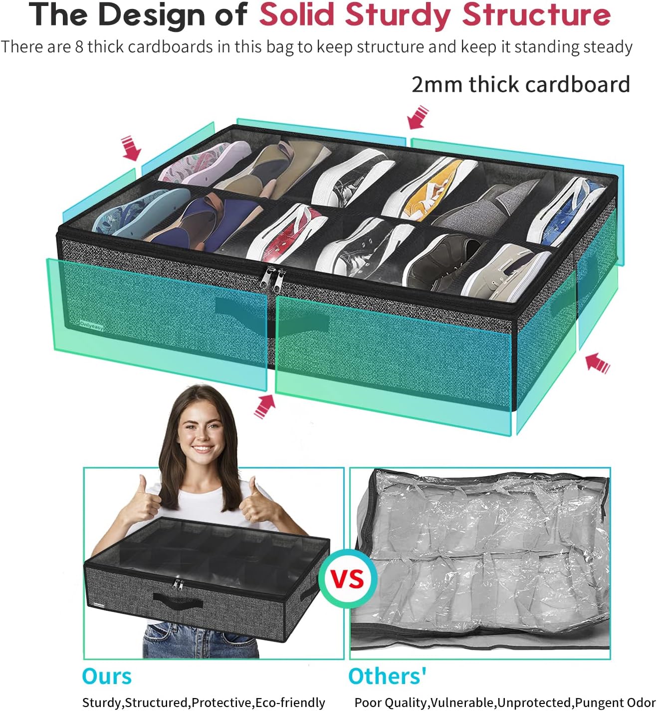 1 Pack 12 Closet, MXAUBSB1P Onlyeasy Under Bed Shoe Storage Organizer with Sturdy Handles and Clear Window Fits Pairs