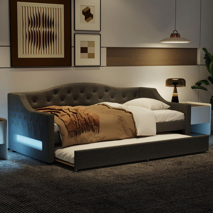 DNYN Twin XL Upholstered Daybed with Trundle(Twin) for Kids,Adults,Solid Wood Bedframe w/Led & Fabric Backrest Design,No Box Spring Needed & Easy Assembly, Gray