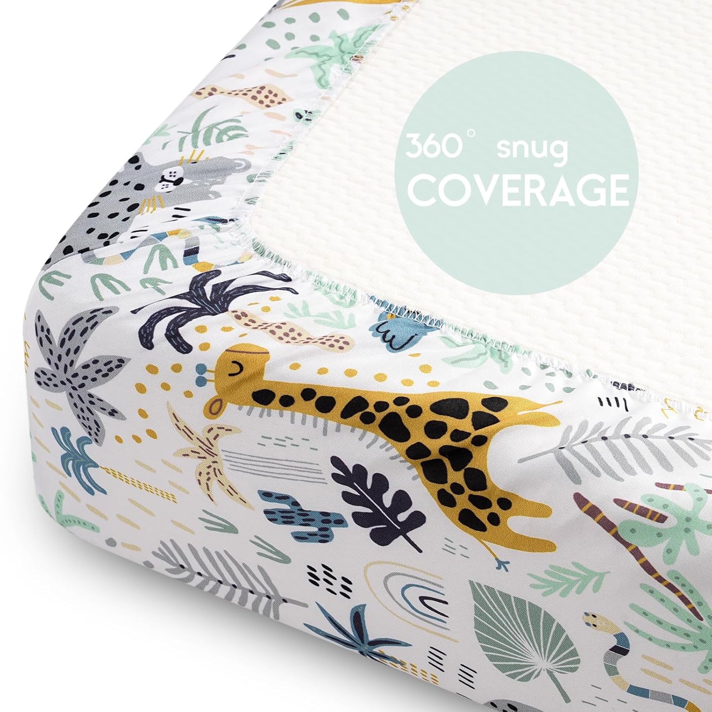 Yoofoss Fitted Pack and Play Sheets - Soft, Breathable Mini Crib Sheets 2-Pack in Green & Giraffe Design