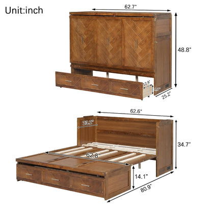 DNYN Queen Size Murphy Bed with Storage Drawer and Built-in Charging Station for Bedroom/Guest Room, Space-Saving Foldable Pine Wood Cabinet Bed with USB Ports, No Box Spring Needed
