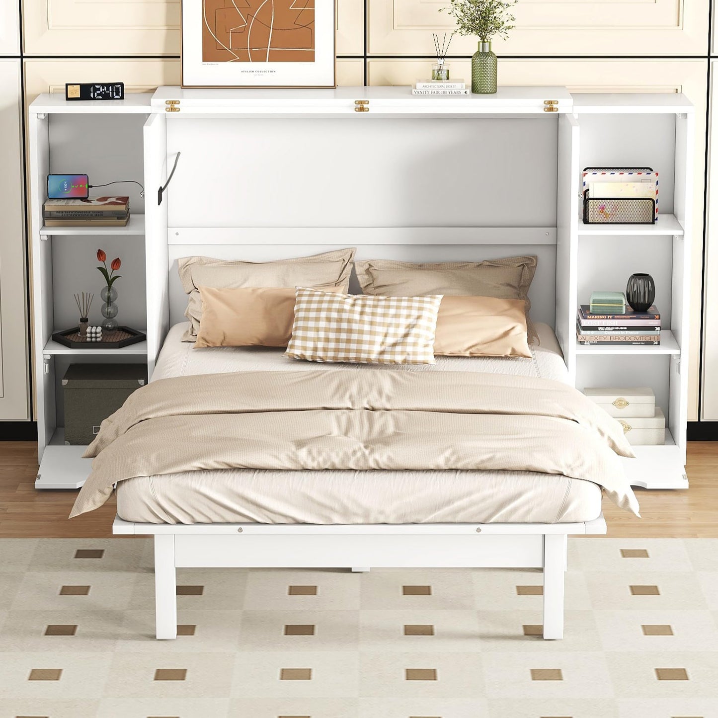 Merax Murphy Bed Queen Size Cabinet with Storage 2 Drawers 6-Layer Shelves and USB Ports, Wood Versatile Platform Bed Frame