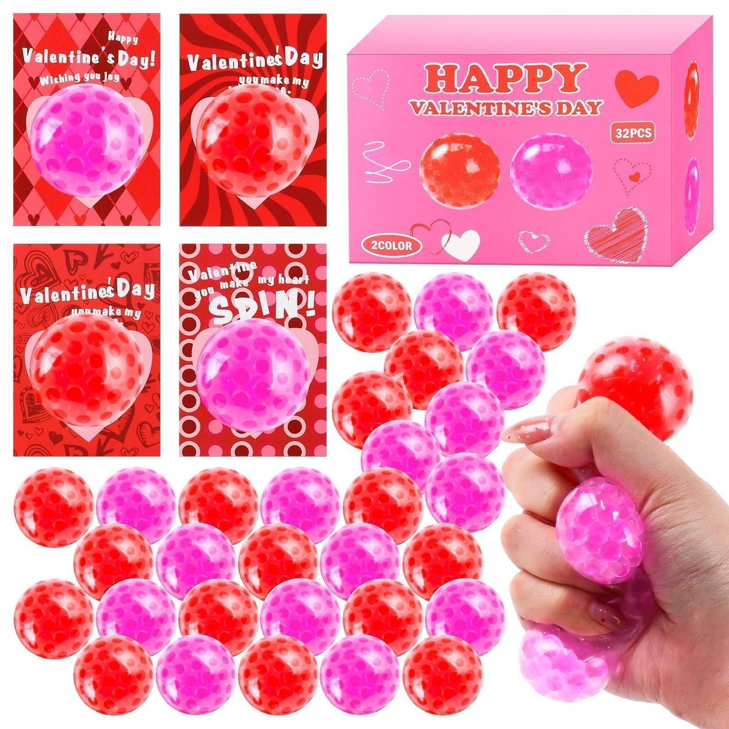 Valentines Day Gifts for Kids, 32 Pack Stress Balls with Valentines Day Cards, Stress Relief Squeeze Balls for Boys & Girls Valentines Party Favors Gift Exchange Rewards School Classroom Prizes