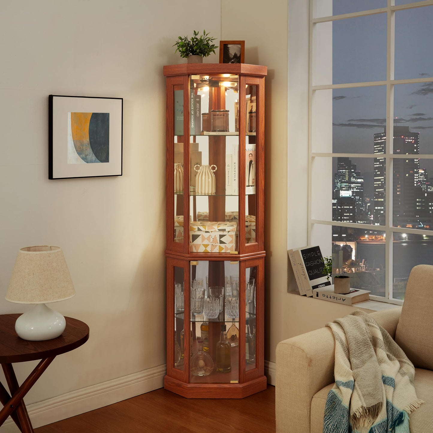 KEIKI 70" Corner Glass Display Cabinet with Adjustable Shelves, for Collectibles, Storage Curio Cabinet with Side-Hung Pane Doors, 5-Tier Showcase Display Case, Easy Assembly, for Living Room, Oak