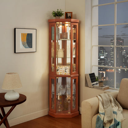KEIKI 70" Corner Glass Display Cabinet with Adjustable Shelves, for Collectibles, Storage Curio Cabinet with Side-Hung Pane Doors, 5-Tier Showcase Display Case, Easy Assembly, for Living Room, Oak