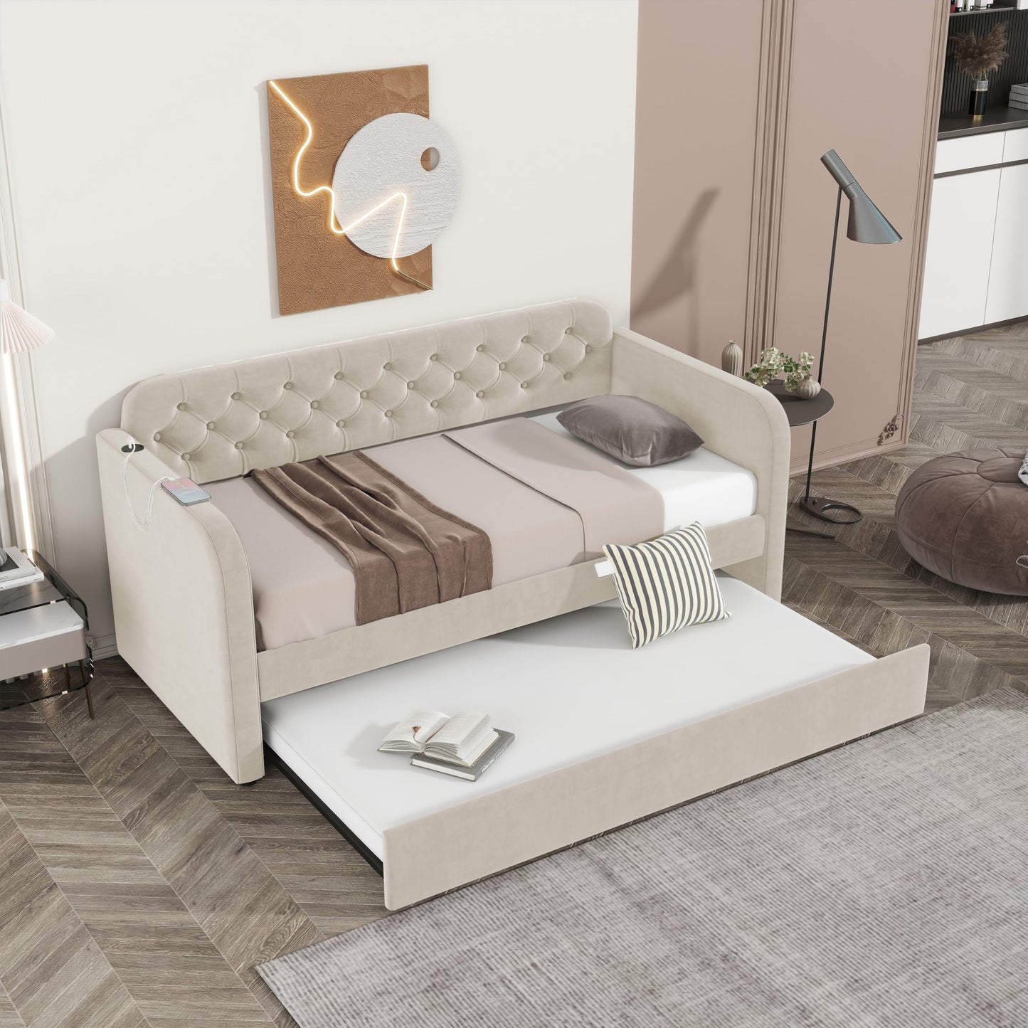 GDFStudio Twin Size Daybed with Trundle, Velvet Upholstered Twin Bed Frame with Headboard & USB Charging Station, Tufted Wood Platform Sofa Bed, Solid Slap Sofa Bed, No Box Spring Needed, Light Beige