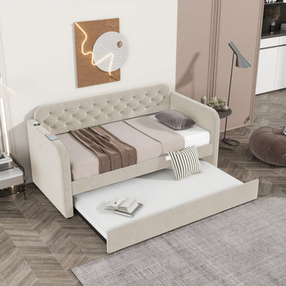 GDFStudio Twin Size Daybed with Trundle, Velvet Upholstered Twin Bed Frame with Headboard & USB Charging Station, Tufted Wood Platform Sofa Bed, Solid Slap Sofa Bed, No Box Spring Needed, Light Beige
