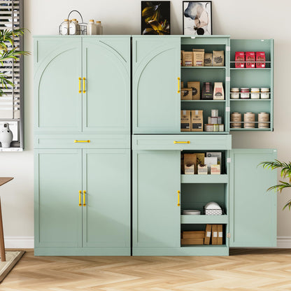 HQZX 71’’ Tall Kitchen Pantry Cabinet, Pantry Storage Cabinet with 6 Doors Shelves, Large Drawer & 2 Pull Out Shelves, Freestanding Cupboard for Kitchen, Dining Room, Green
