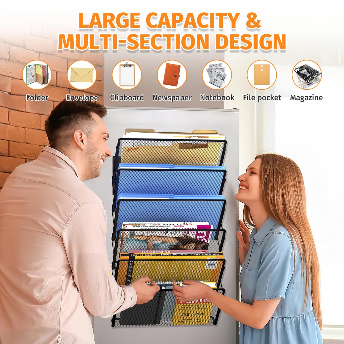 Mogbhw Magnetic File Holder, 6-Tier Foldable No Drilling Magnetic File Folder Holder, Space-Saving Black Magnetic Hanging File Organizer for Whiteboard, File Cabinets, Refrigerator, Office, Kitchen