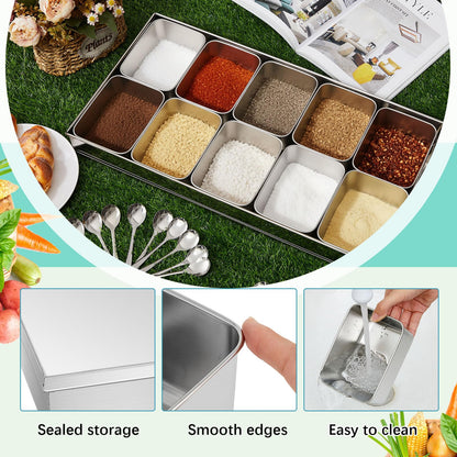 Boao 10 Compartment 304 Yakumi Pans Stainless Steel Seasoning Condiment Container with Lids Spoons, Japanese Yakumi Pans Mini Sauces Salad Dressings Storage for Food, Herbs, Spices
