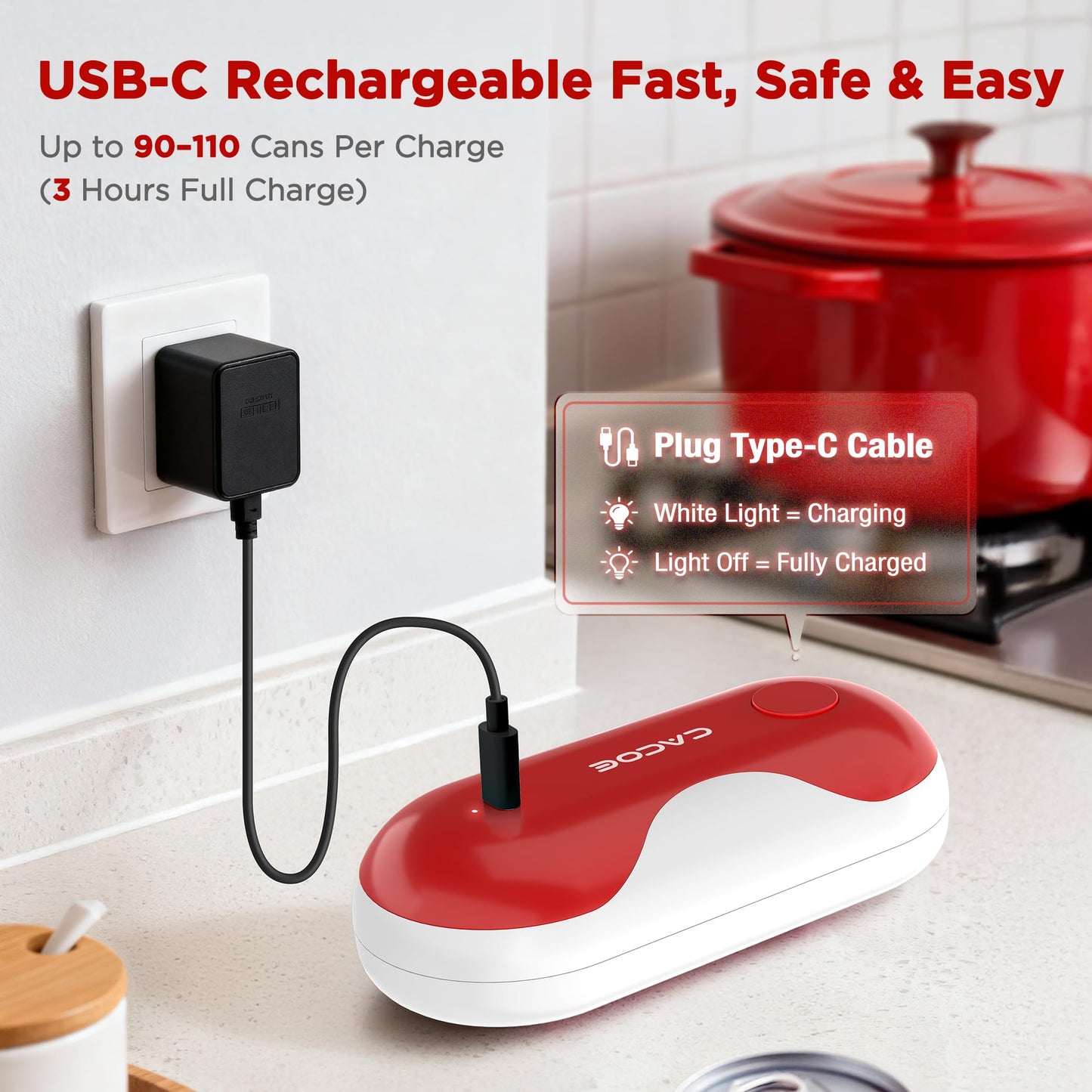 CACOE Automatic Smart Electric Can Opener with Auto Stop & USB-C Charging - Cordless Can Opener for Elderly and Arthritic Users for Seniors & Arthritis, Effortless One-Touch Open (red)