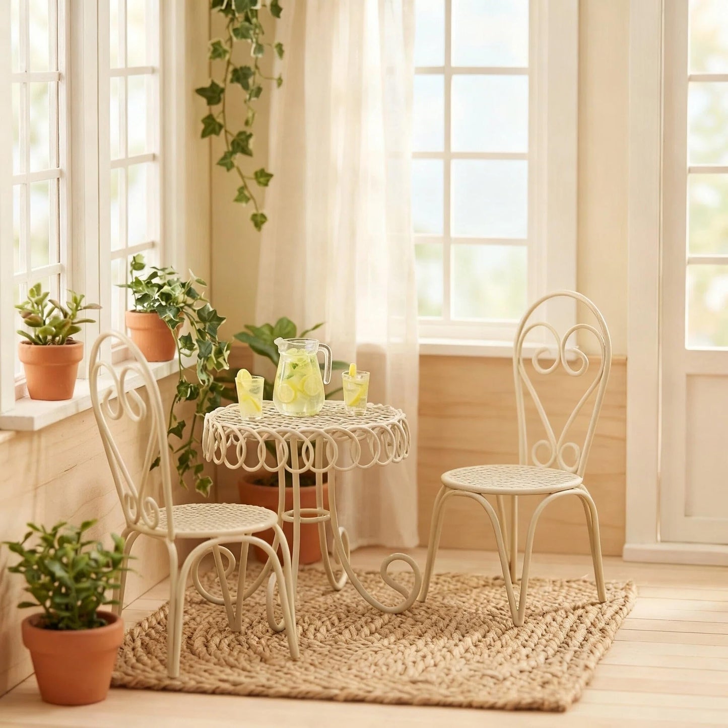 6 PCS Dollhouse Miniature Bistro Table & Chairs Set with Lemonade Pitcher and Cups 1 12 Scale Metal Furniture Fairy Garden Kitchen Decoration Accessories