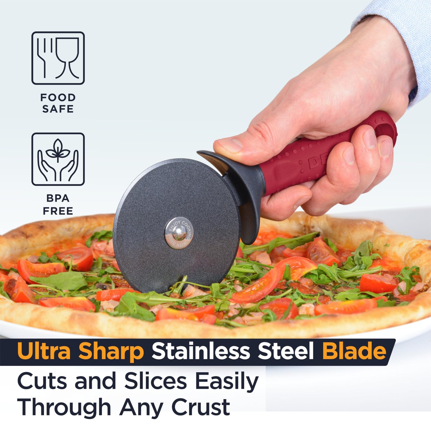 Deiss Lux Heavy Duty Pizza Cutter With Wheel Slicer- Stainless Steel Sharp Smooth Pizza Cutter Wheel With Easy Grip Non-Slip Handle, Dishwasher Safe (RED)