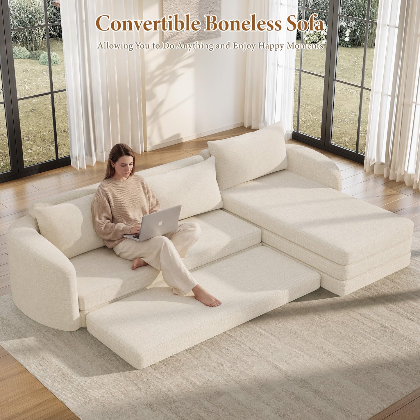 Vesgantti 110.2" Boneless Sectional Couch with Curved Armrest, 6 in 1 Convertible Folding Sleeper Sofa Bed, Chenille Modular Sofa for Living Room, No Assembly Required, Beige, Right Facing Chaise