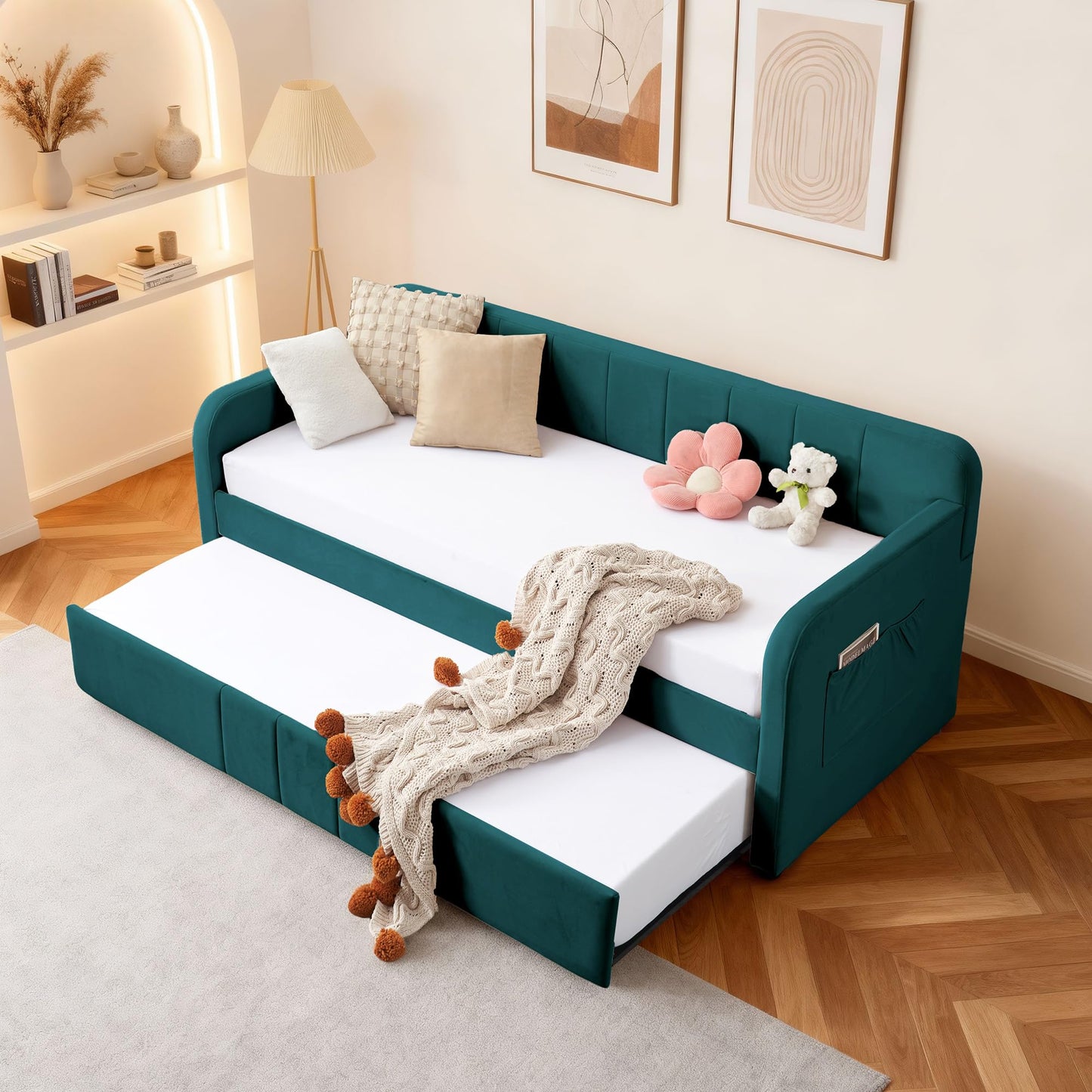 DNYN Twin Size Velvet Daybed Frame with Pop-up Trundle Bed for Bedroom Guest/Living Room, Space-Saving Upholstered Sofabed with USB Port & Side Pocket, No Box Spring Needed