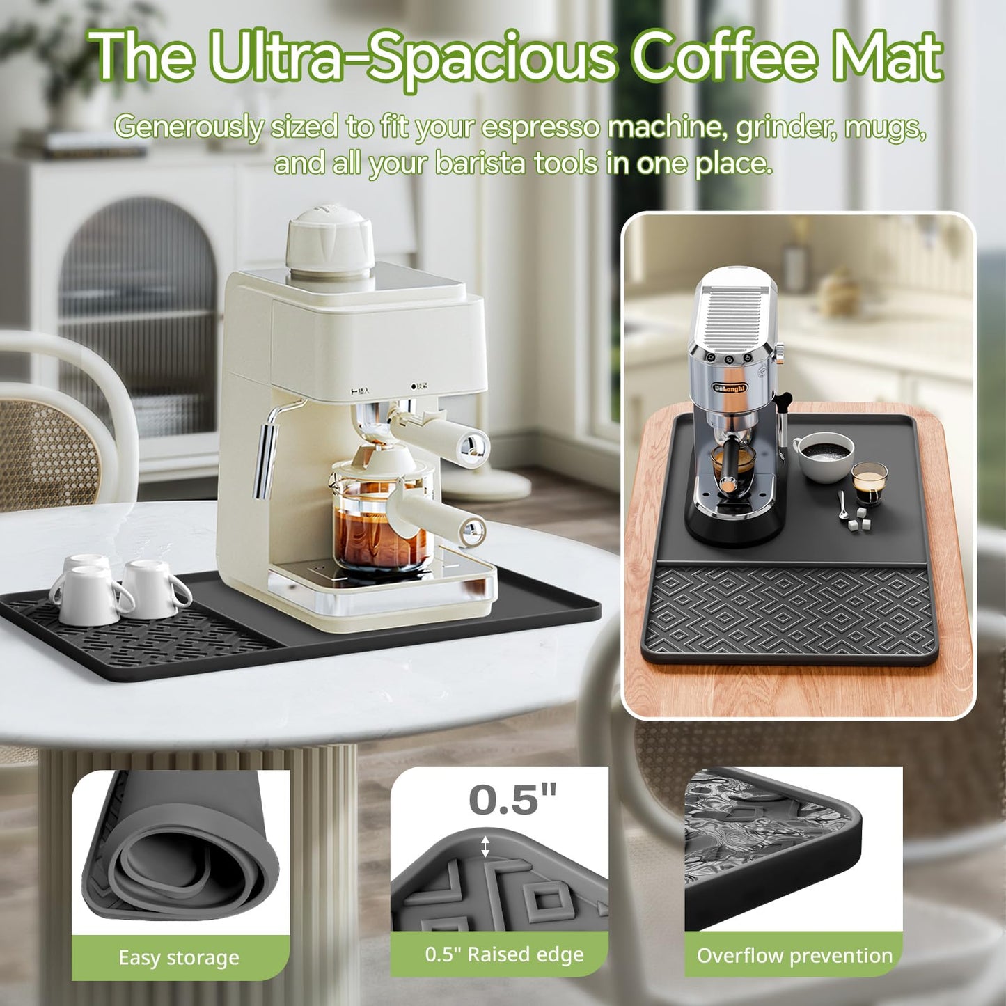 Silicone Coffee Mat with Raised Edges 19" x 12" – Waterproof Countertop Mat, Coffee Maker Pad, Espresso Machine Mat, Heat Resistant Dish Drying Mat