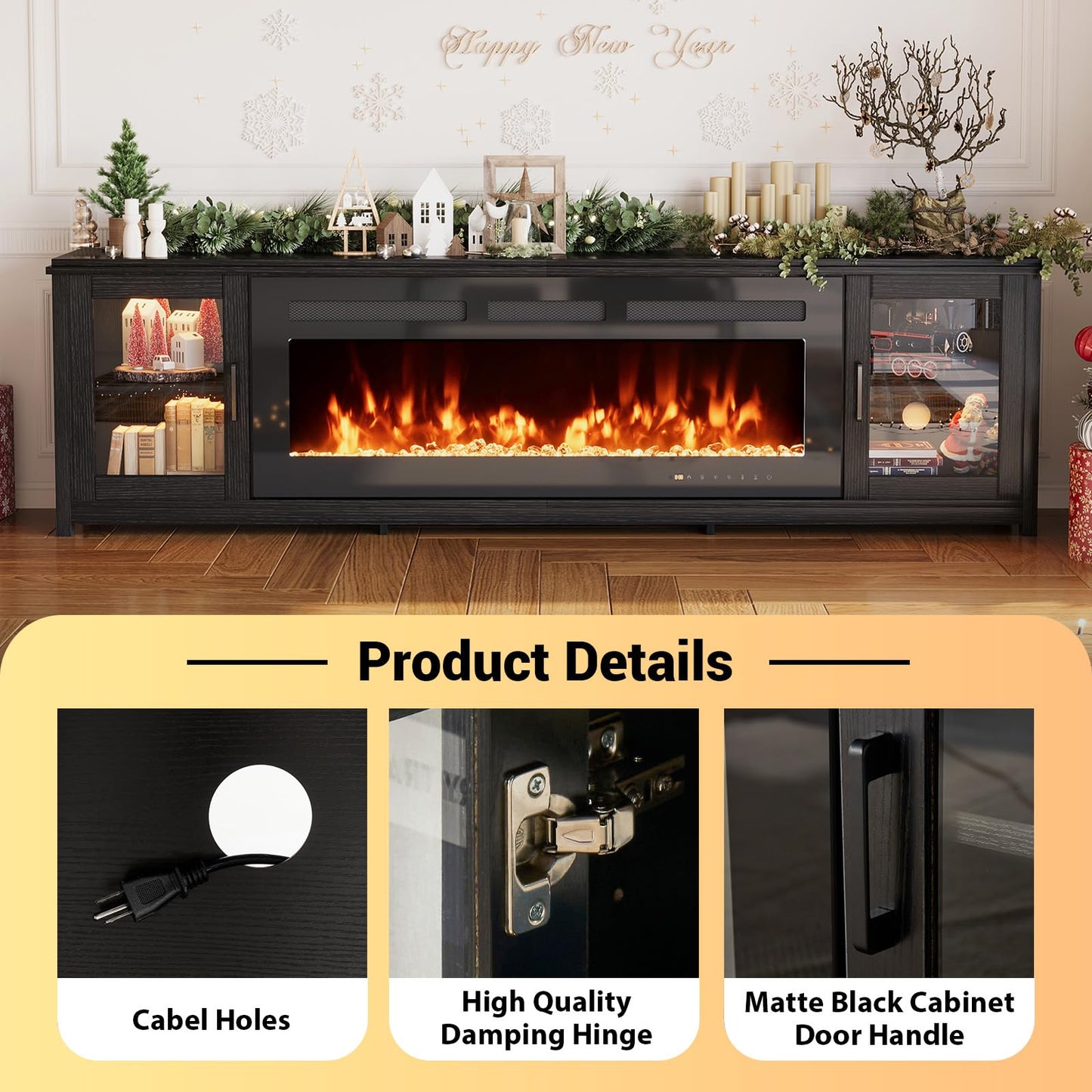 MXV 90" Fireplace TV Stand, Modern Entertainment Center with 60 Inch Electric Fireplace, Adjustable Shelf & Glass Door, Fire Place TV Console for Living Room, Black