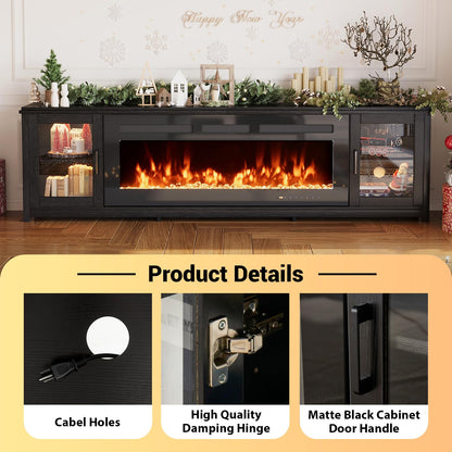 MXV 80" Fireplace TV Stand, Modern Entertainment Center with 50 Inch Smart Fireplace, Adjustable Shelf & Glass Door, Fire Place with WI-FI Enabled, TV Console for Living Room, Black