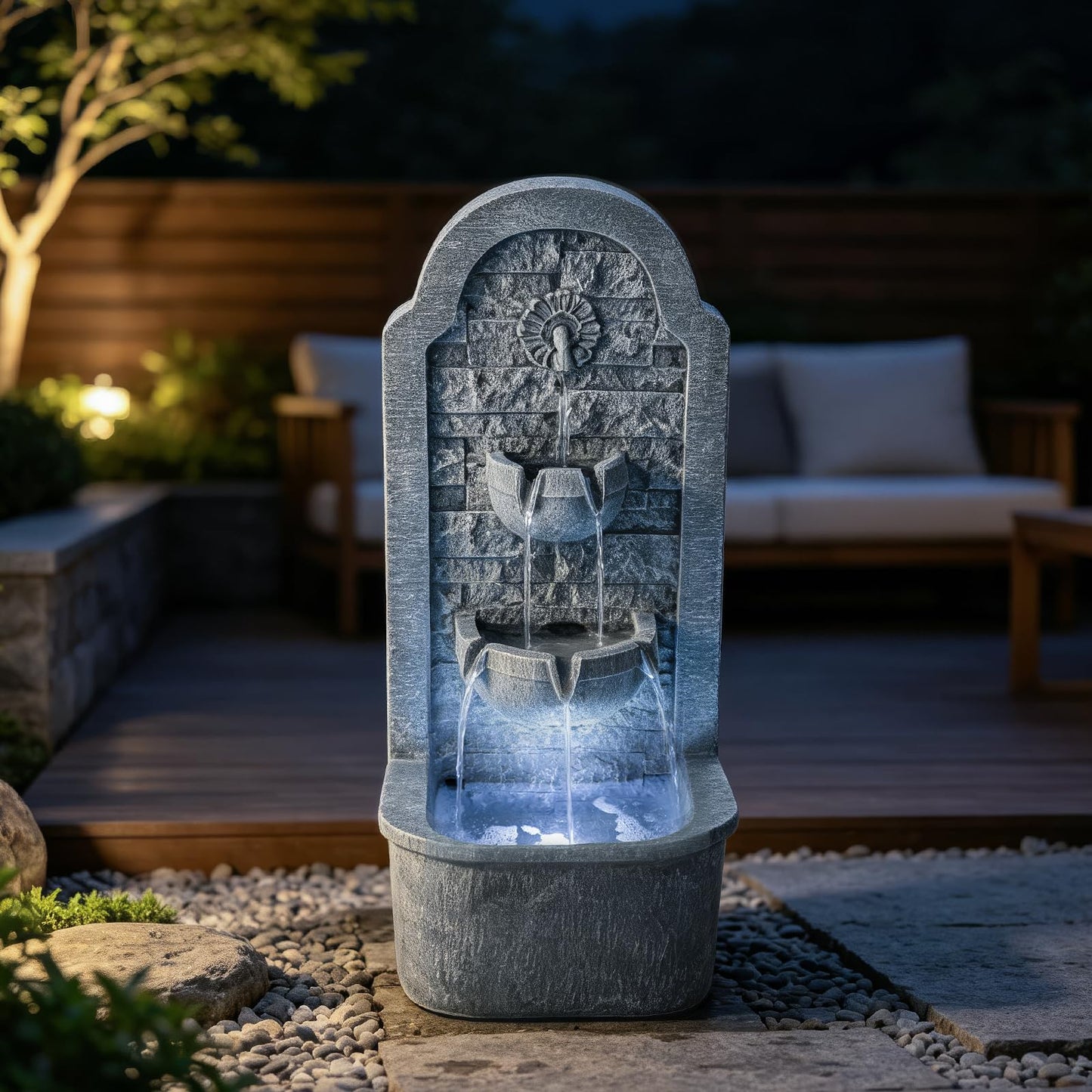 Solarbloom 30.3" H Outdoor Water Fountain, Freestanding Waterfall with LED Lights, Floor-Standing Water Feature for Patio, Garden, Backyard, Porch, Home Decor