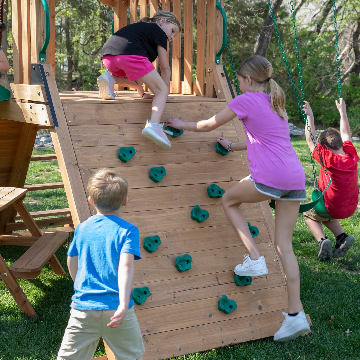 Backyard Discovery Endeavor II Cedar Wood Swing Set with Wave Slide, Play Deck, Double Rock Wall, Picnic Table, Climbing Wall, Belt Swings, Web Swing, Toy Telescope, Step Ladder, Outdoor Playset