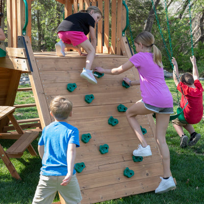 Backyard Discovery Endeavor II Cedar Wood Swing Set with Wave Slide, Play Deck, Double Rock Wall, Picnic Table, Climbing Wall, Belt Swings, Web Swing, Toy Telescope, Step Ladder, Outdoor Playset