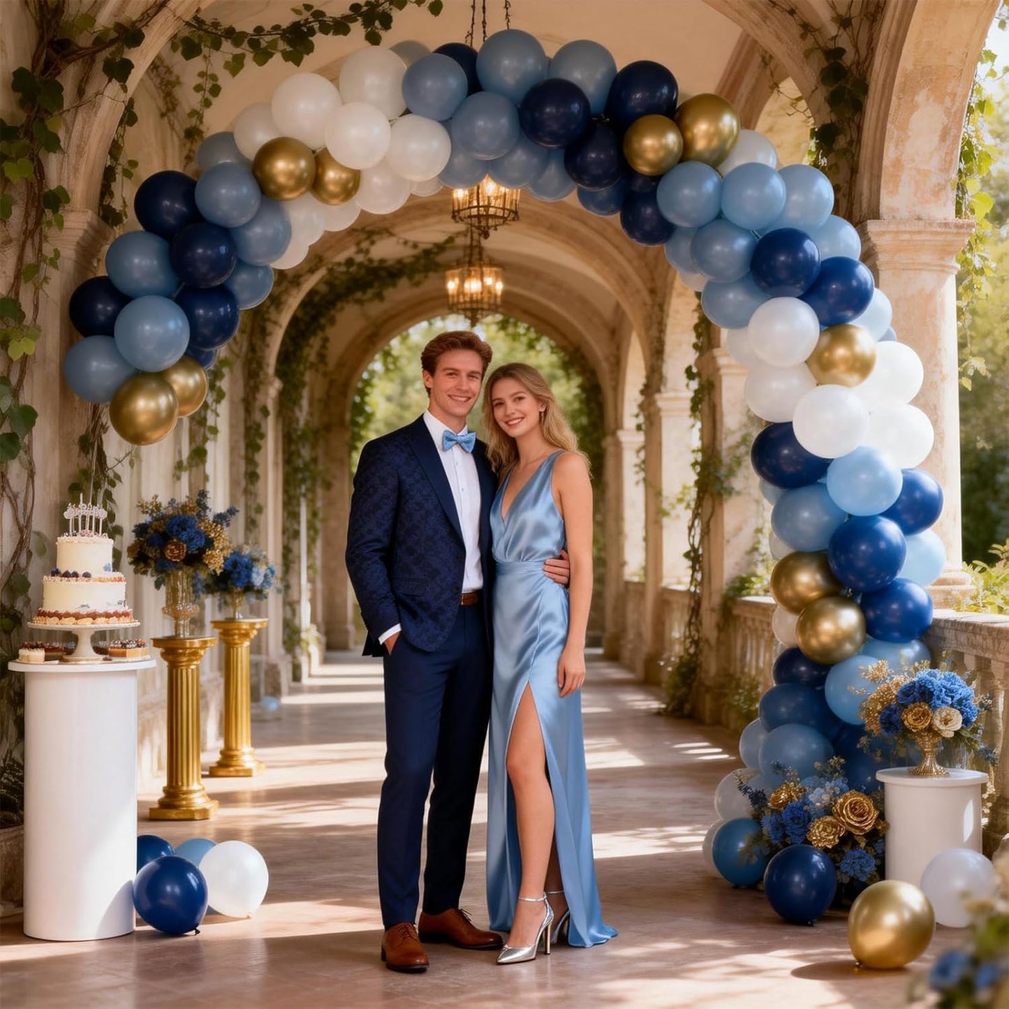 12inch Retro Navy Blue Gold and White Balloons, Pastel Dark Light Blue White Latex Balloons with Metallic Chrome Gold