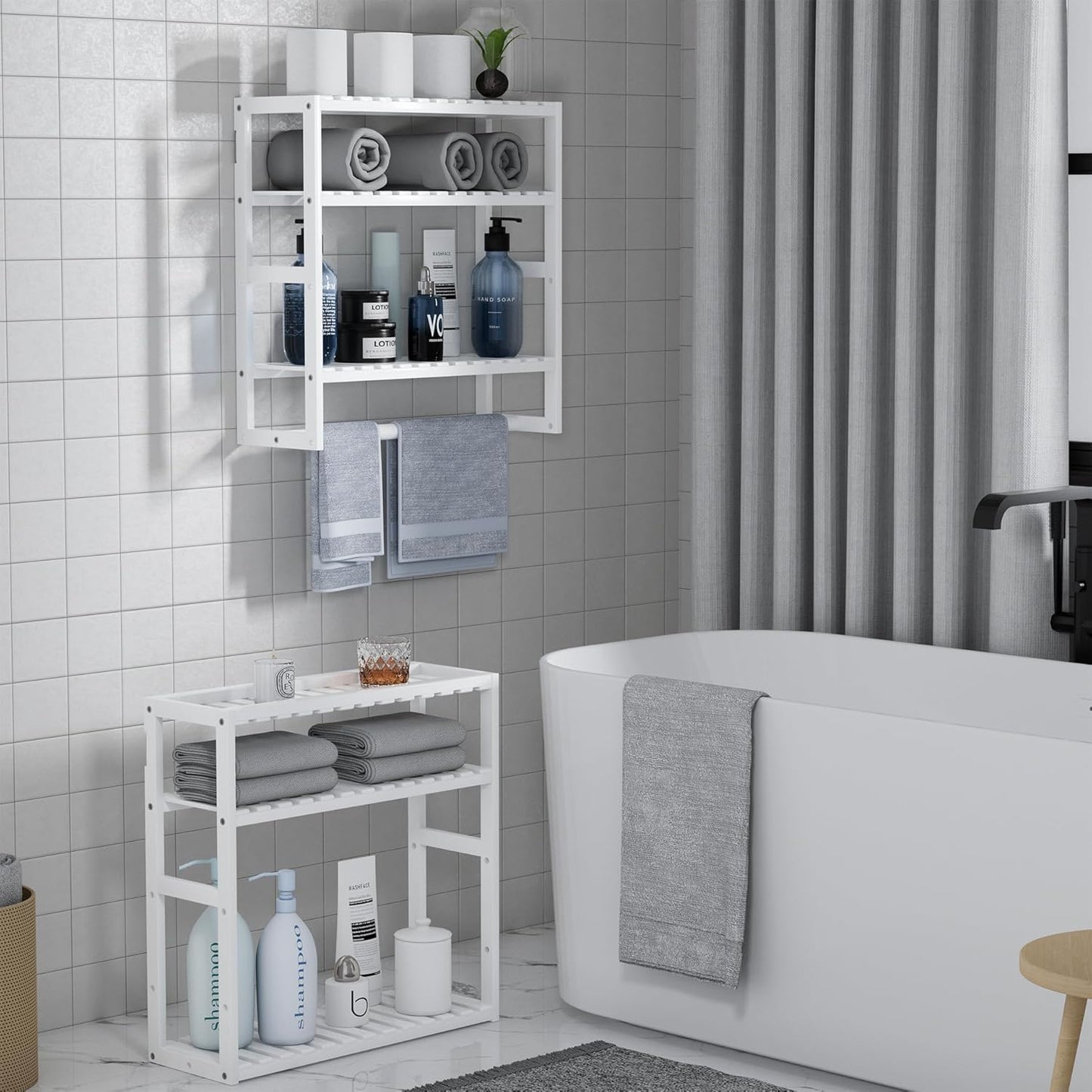 PPN Towel Rack Bathroom Storage Shelves Over The Toilet with Towel Bar, 100% Bamboo Adjustable Height Floating Shelf