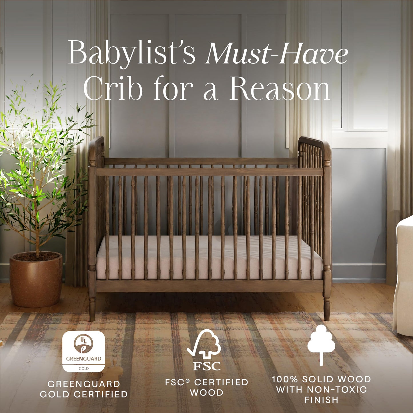 Namesake Liberty 3-in-1 Convertible Spindle Crib with Toddler Bed Conversion Kit in Natural Walnut, Greenguard Gold and FSC® Certified