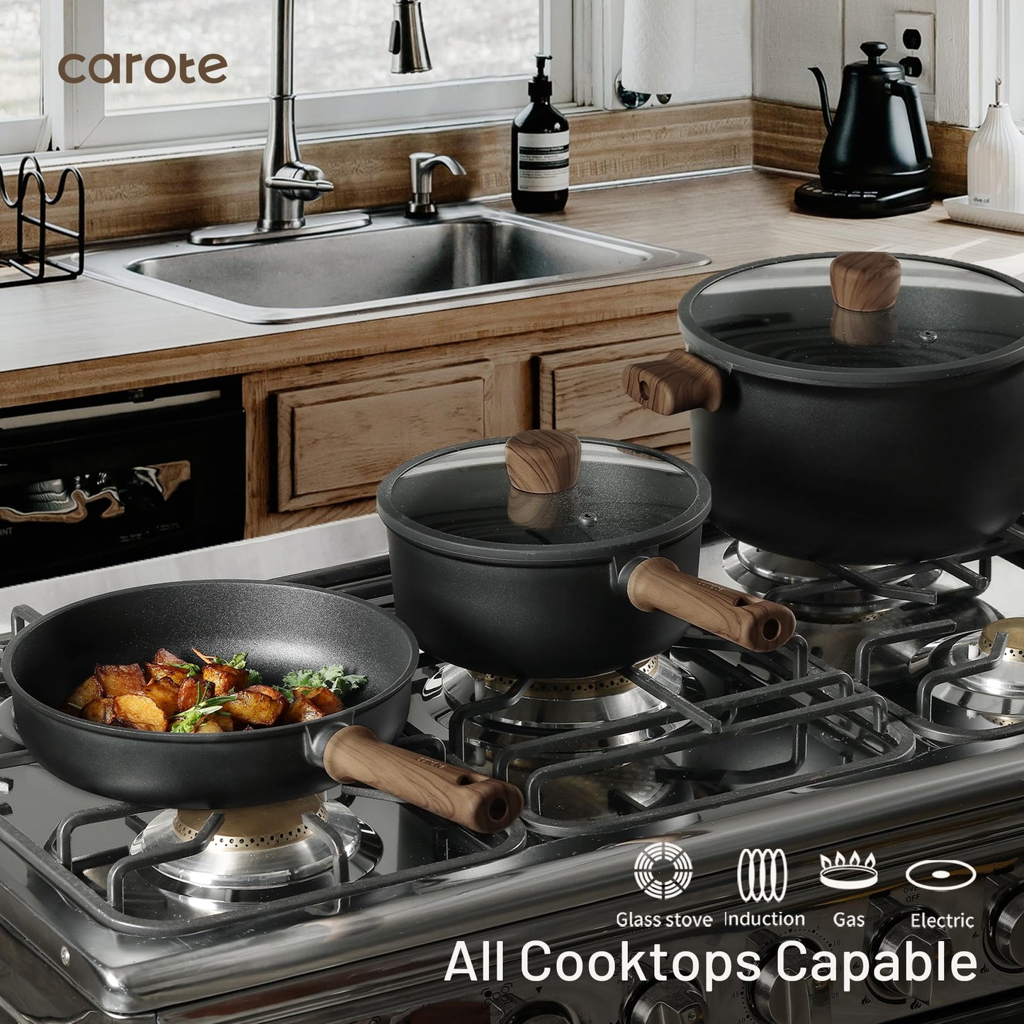 CAROTE Nonstick Pots and Pans, Induction Titanium Cookware Set 16pcs Kitchen Cooking Sets, Pot and Pan Non Stick w/Frying pan (PFOS, PFOA Free)