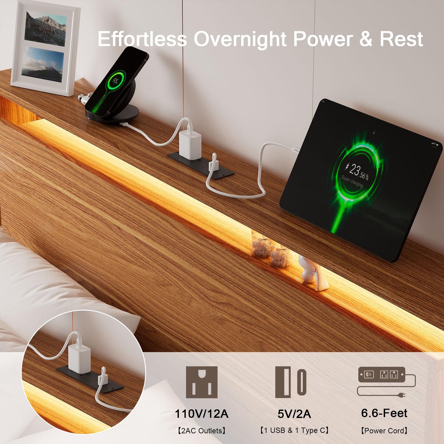Einhomn King Size Bed Frame with LED Lights & Charging Station – Wood Floating Bed Frame with Storage Headboard, Adhesive Slats, Kick-Free & Noise-Free Design, Easy Assembly, Walnut