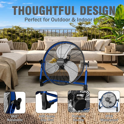 MOXNICE 20" Portable Battery Operated Floor Fan, High Velocity Battery Fan, Rechargeable Wireless Battery Powered Fan, Waterproof, USB Output, 360°Adjustable Tilt for Home Outdoor Garage Greenhouse