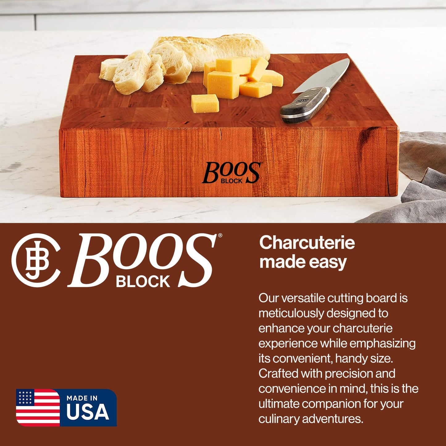 John Boos CCB Series Square Wooden Cherry Cutting Board 14”x14” – 3” Thick, 12-lb Reversible Butcher Block with End-Grain & Finger Grips – Made in the USA