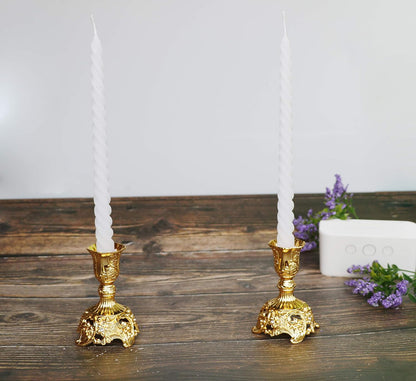 Taper Candle Holders with Deluxe Engraved Design, Set of 2 Premium Gold Candlestick Holders