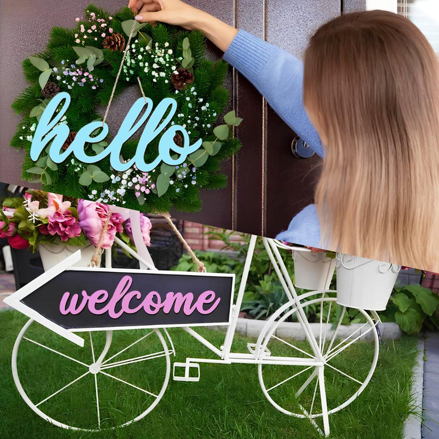 WOODOUNAI 10 Pcs Unfinished Wooden Hello & Welcome Sign Wooden Cutout Letter Hello Welcome Sign for Wreath DIY Art Blank Decorative Word Signs for Door Wall Christmas Trees Home Decor (Wood)