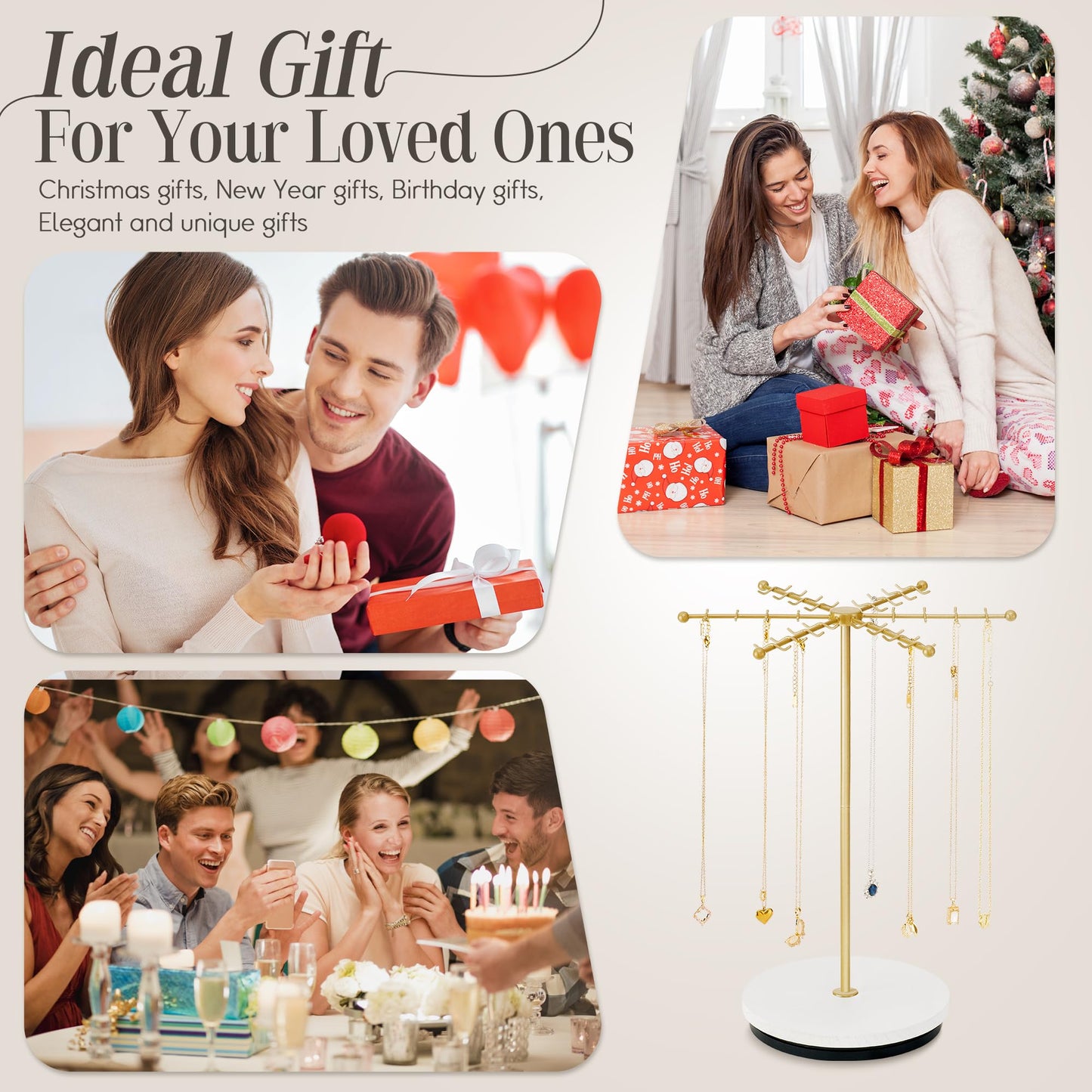 Poyilooo Necklace Holder Jewelry Stand, Rotating Necklace Holder Organizer with 48 Hooks for Necklace Earring Keychains Bracelet Display Stand, Metal Necklace Tree Stand -Women Gifts (Gold)