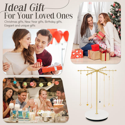 Poyilooo Necklace Holder Jewelry Stand, Rotating Necklace Holder Organizer with 48 Hooks for Necklace Earring Keychains Bracelet Display Stand, Metal Necklace Tree Stand -Women Gifts (Gold)