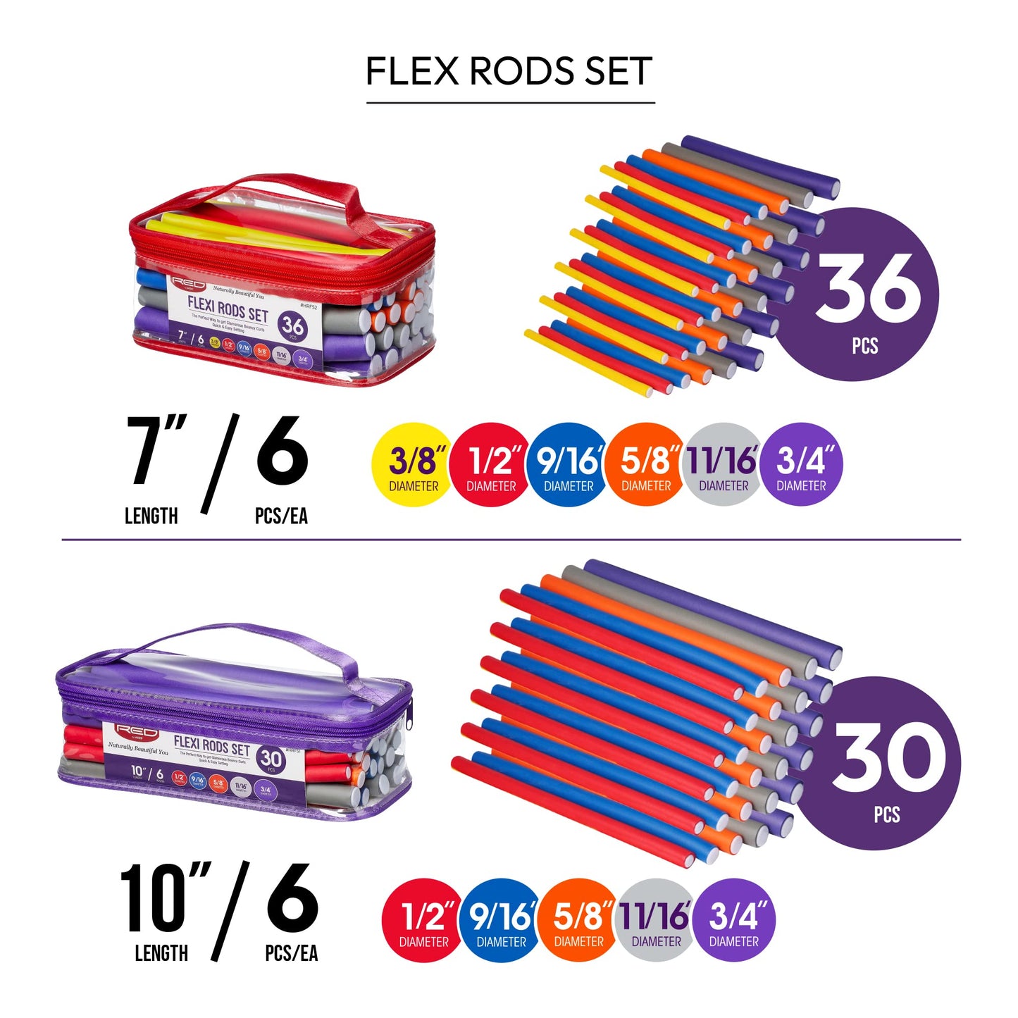 Red by Kiss 36PCS Flexi Rods, Flexible Curling Rods, Twist Foam Hair Rollers, No Heat Hair Curlers 7" Sets