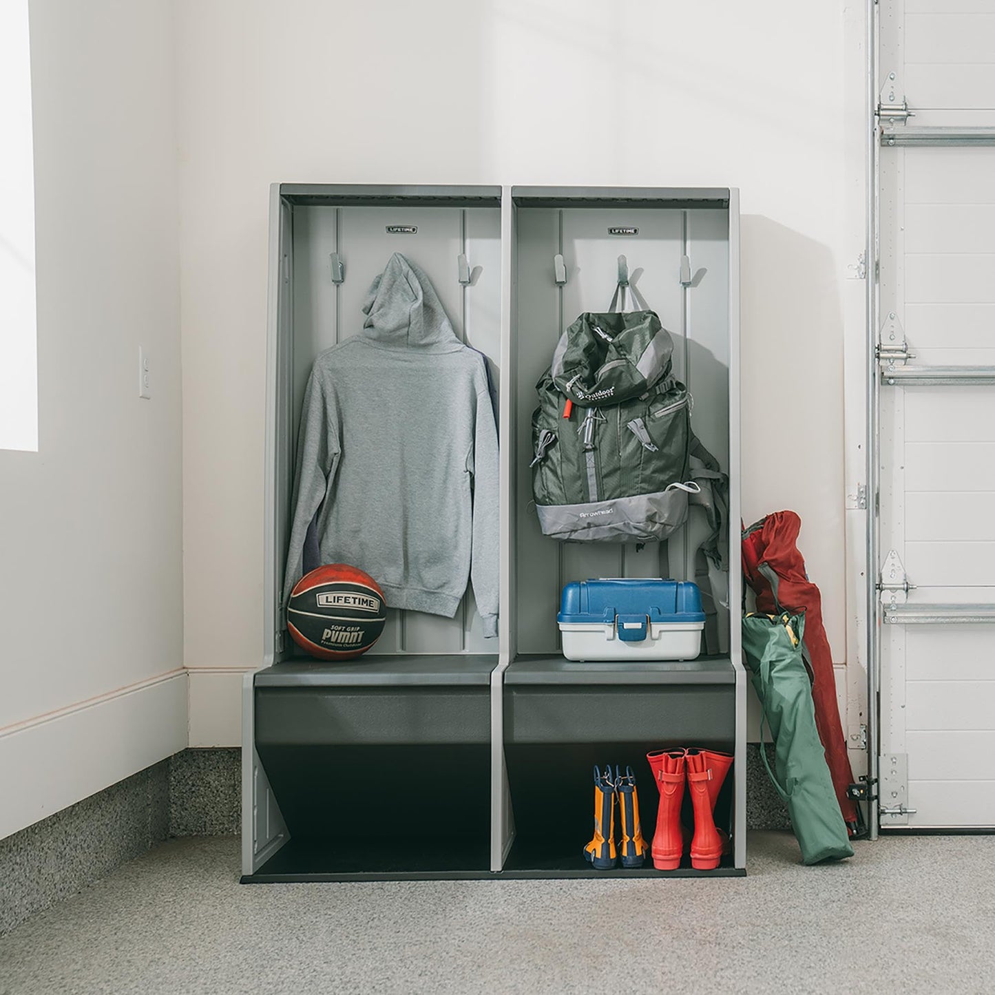 LIFETIME Storage Locker, Freestanding Cabinet with Benches & Shoe Cubbies, Organizer with Metal Hooks, UV‑Protected Weather‑Resistant