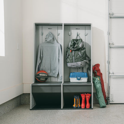 LIFETIME Storage Locker, Freestanding Cabinet with Benches & Shoe Cubbies, Organizer with Metal Hooks, UV‑Protected Weather‑Resistant