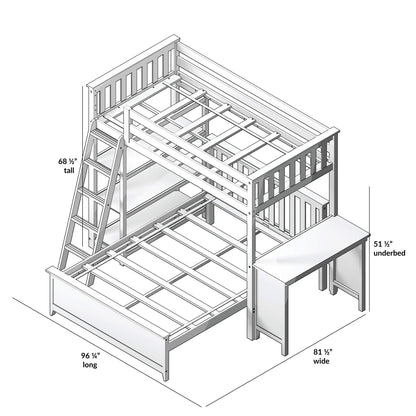 Max & Lily Bunk Bed, L Shape Twin-Over-Full Bed Frame For Kids With Bookcase and Desk, Clay