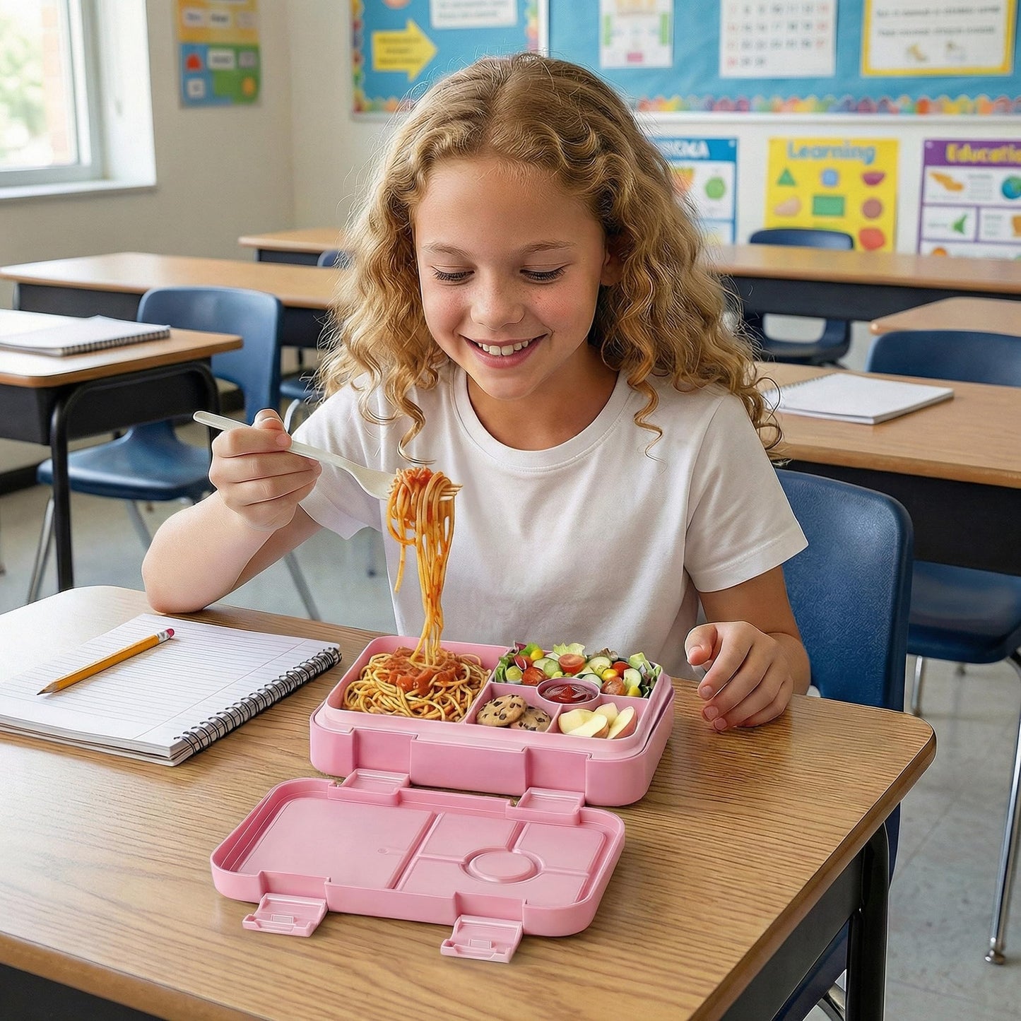 MSSWFSG Bento Lunch Box for Kids, 6 Compartments BPA Free, Dishwasher Safe Back to School Snack Bento Lunch Containers Boxes, Ideal Portion Sizes for On-the-Go Meal, Ages 3+, School, Pink