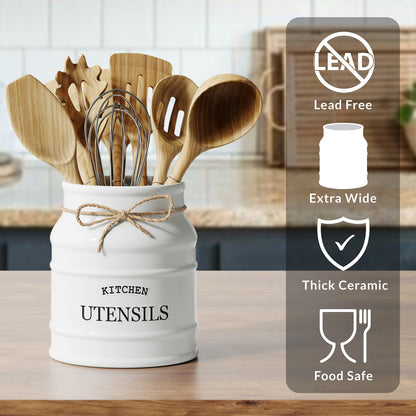 Barnyard Designs Ceramic Farmhouse Utensil Holder for Kitchen Counter, Large Rustic Utensil Crock, Countertop Cooking Tool Spatula Organizer, 6.75” (White)