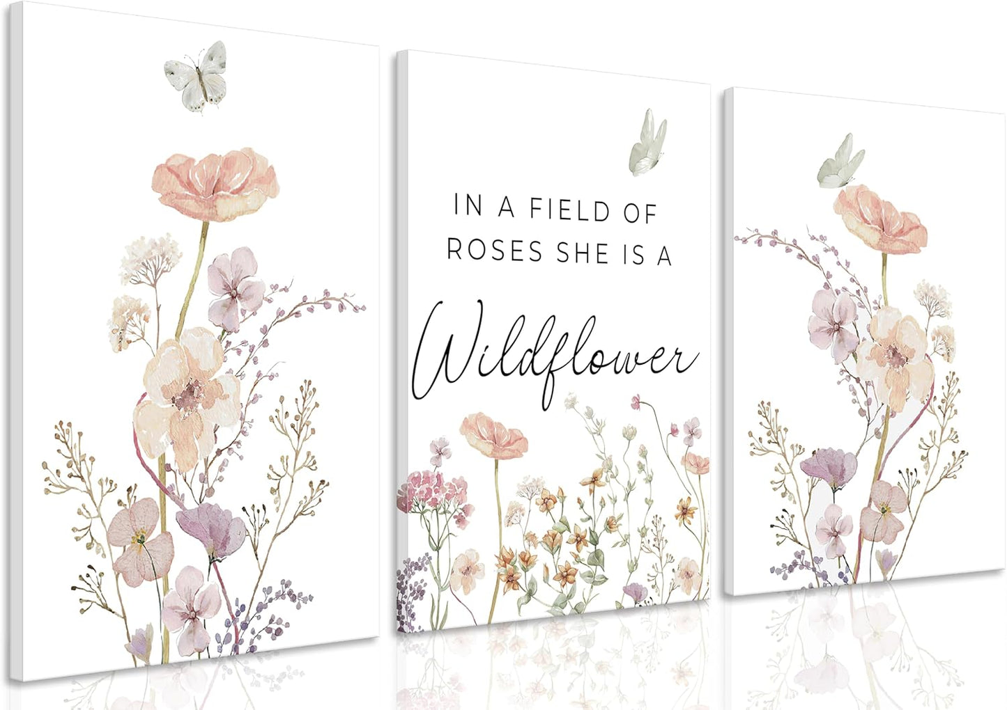 Dawaqwe 3PcsFramed Wildflower Nursery Canvas Wall Art Flower Botanical Sentence Poster Pink Watercolor Floral Girl's
