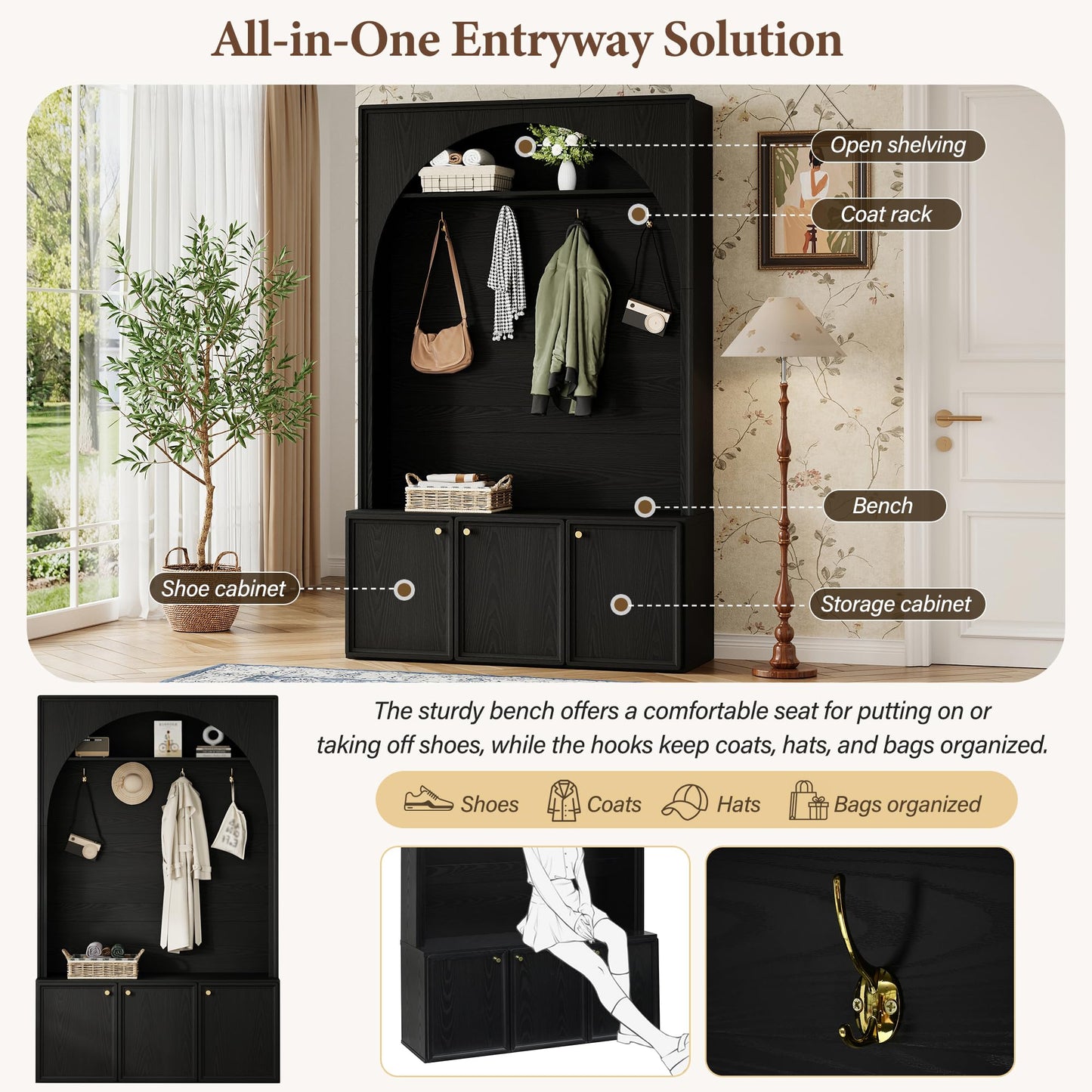 Merax Farmhouse Hall Tree with Bench and 3 Cabinets, 4-in-1 Entryway Coat Rack with 4 Golden Hooks and Top Compartments, 77.5" Retro Arched Entryway Hall Tree for Hallway, Mudroom, Entrance, Black