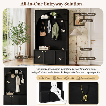 Merax Farmhouse Hall Tree with Bench and 3 Cabinets, 4-in-1 Entryway Coat Rack with 4 Golden Hooks and Top Compartments, 77.5" Retro Arched Entryway Hall Tree for Hallway, Mudroom, Entrance, Black
