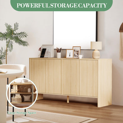 GAOMON 58inch Sideboard Buffets Cabinet, Large Wood Fluted Coffee Bar Cabinet Console Table with 4 Fluted Doors and Storage Adjustable Shelf for Living Room Kitchen Entryway, Natural Oak
