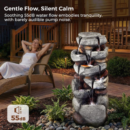 40" H Outdoor Water Fountain, Cascading Rock Waterfall Fountain with 6 White LED Lights, 7-Tiers Large Water Feature for Outdoor, Garden Water Fountain for Patio, Yark, Deck, Porch, Home Decor